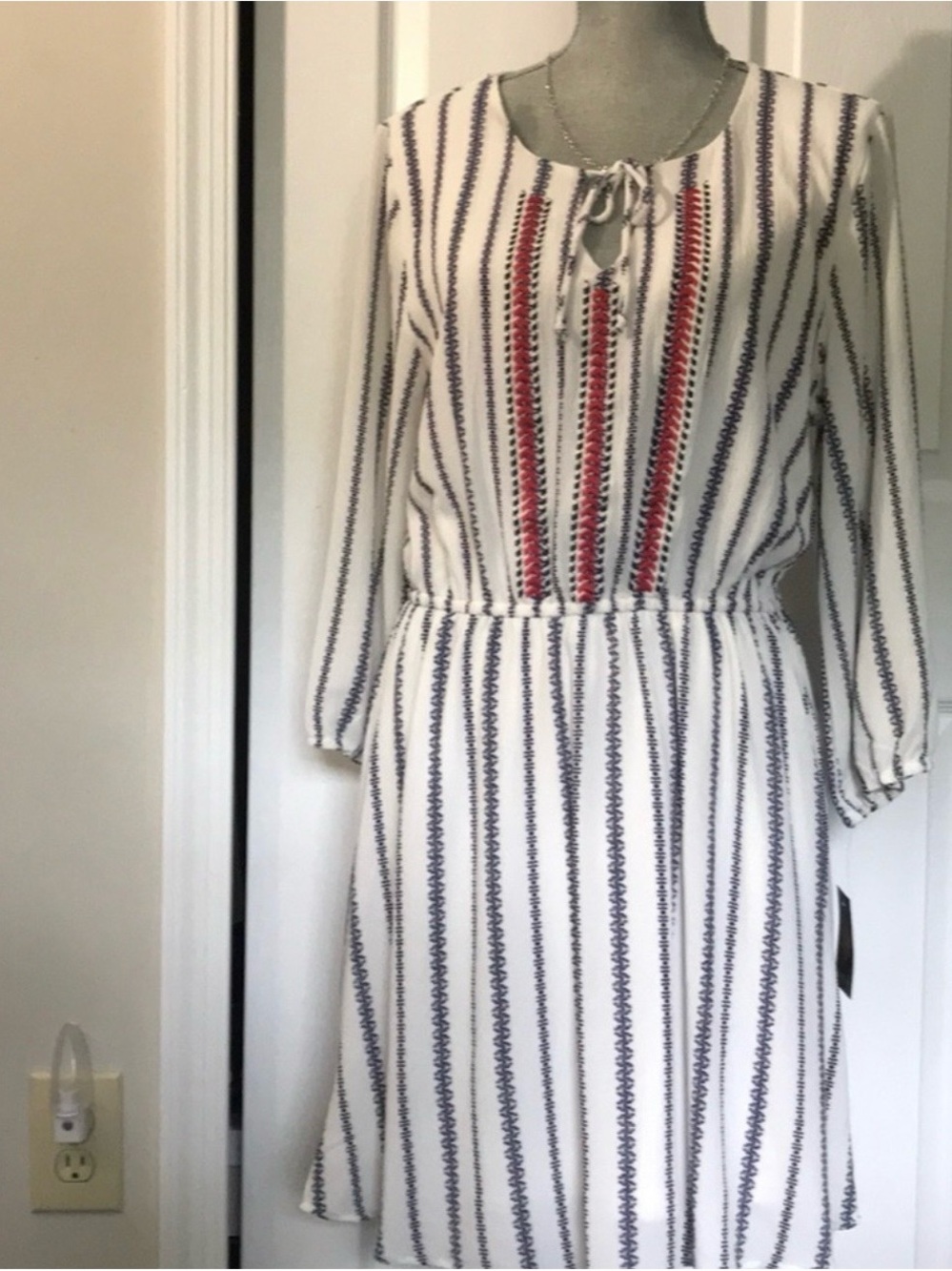HeartSoul White Striped Midi Dress with Navy and Red Embroidery